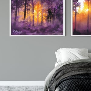 moody watercolor painting print, woodland, misty forest wall art prints, purple trees watercolor, tree lover gift idea, purple theme picture image 7