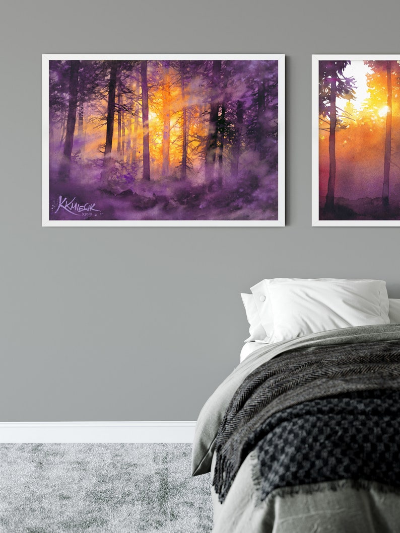 moody watercolor painting print, woodland, misty forest wall art prints, purple trees watercolor, tree lover gift idea, purple theme picture image 7