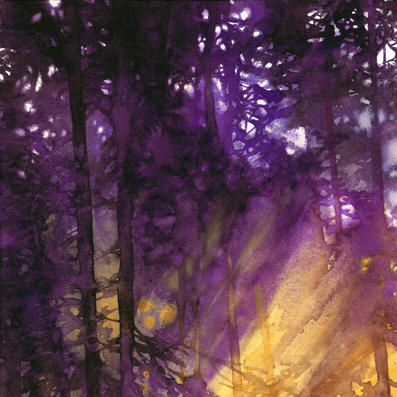 woodland landscape painting, original watercolor, purple trees watercolor painting, bedroom wall decor, sunset light, violet forest art image 2