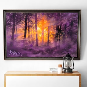 moody watercolor painting print, woodland, misty forest wall art prints, purple trees watercolor, tree lover gift idea, purple theme picture image 4