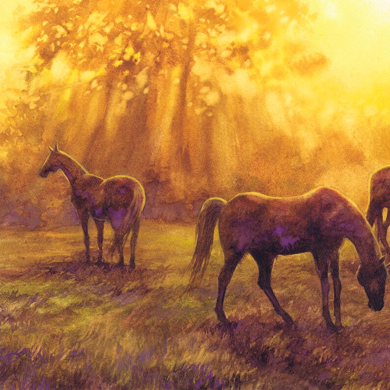 Pferde Aquarell Malerei Druck Pferd Wandkunst, Geschenk für Pferdeliebhaber, gelbe Aquarell Wandkunst, Pferde auf der Wiese, Pferdeliebhaber Druck Bild 8