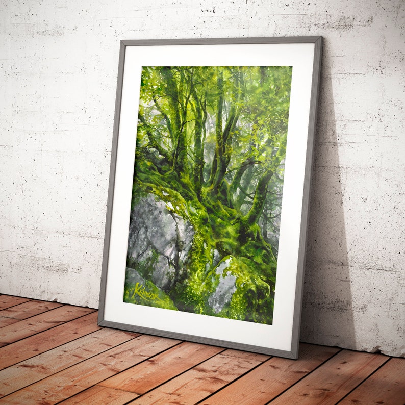 watercolor forest wall art prints, treescape, woodland painting, tree hugger gift, mossy rocks, trees watercolor, green theme pictures image 2