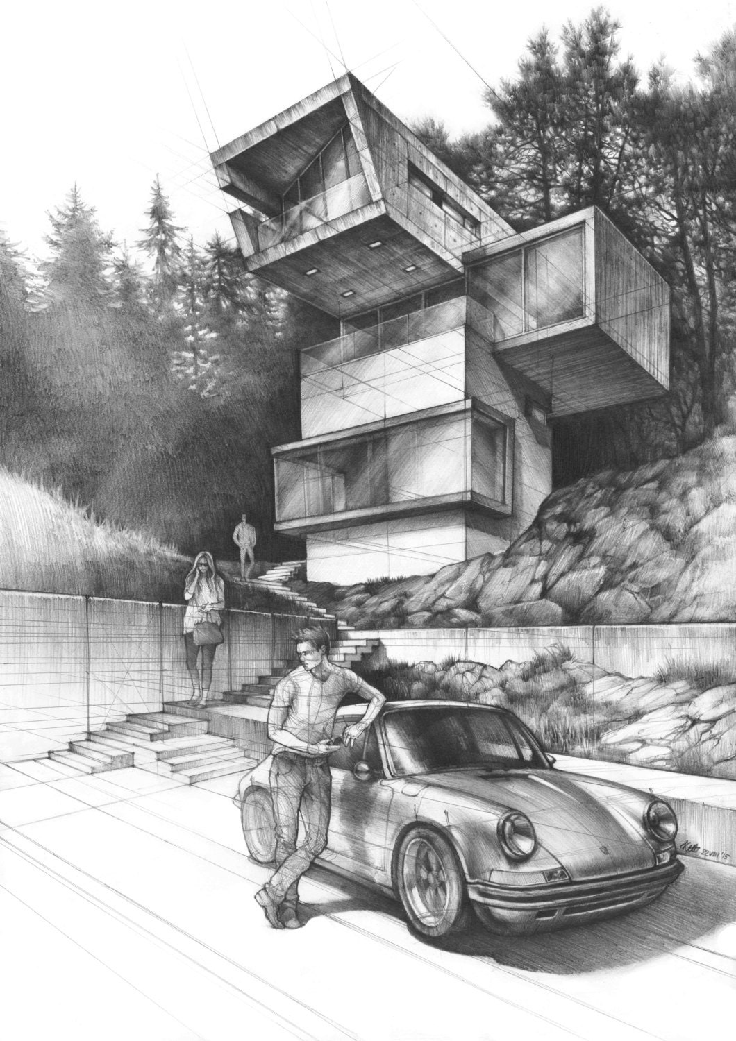 HOUSE DRAWING, Original Pencil Artwork, Architecture Art, Perspective