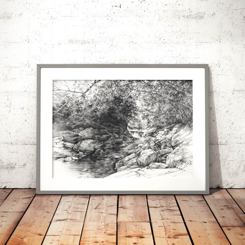 waterscape pencil trees drawing mountain river pencil landscape drawing print realistic water landscape nature sketch art print