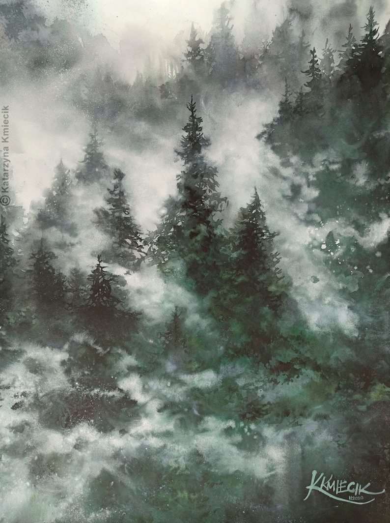 misty mountains forest watercolor, aquarelle artwork, foggy landscape watercolor painting, trees wall art prints, green theme pictures image 3