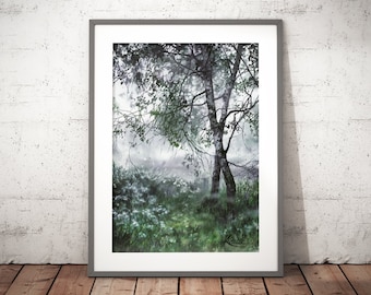 misty landscape painting print, aquarelle, birch trees watercolor painting, trees in the fog wall art prints, green artwork, tree artwork