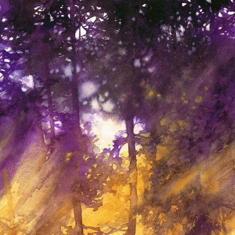 woodland landscape painting, original watercolor, purple trees watercolor painting, bedroom wall decor, sunset light, violet forest art image 3