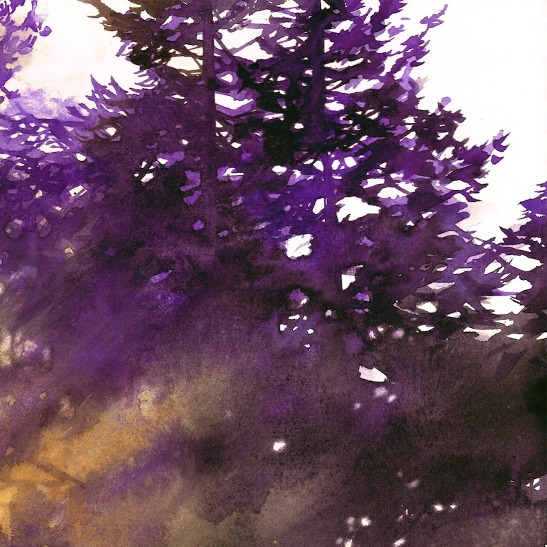 art print of minimalistic watercolor landscape watercolor forest print, purple forest, tree artwork, nature lover gift image 4