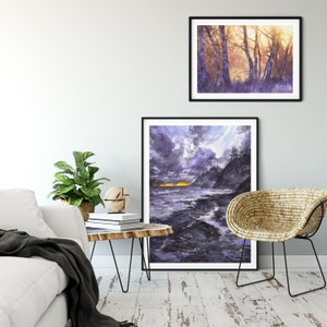 sunny treescape, watercolor painting wall art prints, aquarelle print, moody landscape painting, forest light, purple trees watercolor image 8