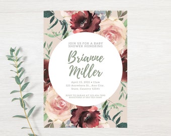 Beige Burgundy Floral Invitation | Instant Download | Bridal Shower Invite | Baby Shower Invite | 5x7