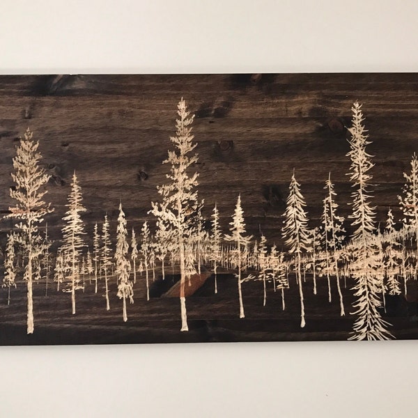One of a kind hand carved tree forest with mountains in the background, 36 inches long, 16 inches wide