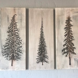 3 evergreen trees rustic wood wall art