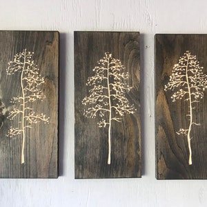 3 hand carved trees wood wall art ebony stain