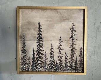 Wood wall art carved tree forest square