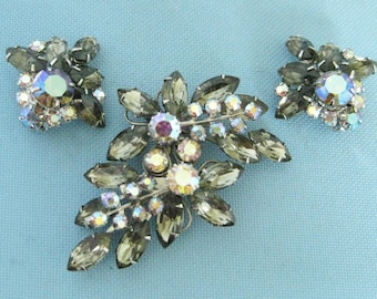 Mid-Century Gray "Black Diamond" and AB Brooch and Clip Earring Set