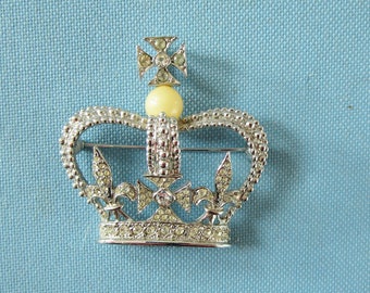 Park Lane Silver Tone and Rhinestone Crown Brooch with Faux Pearl
