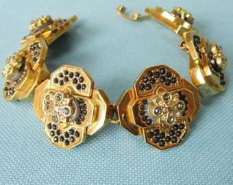 Victorian Revival Stacked Gold Tone and Black Rhinestone Bracelet