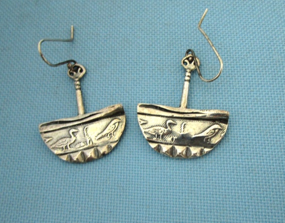 Signed Sterling Egyptian Style Bird Dangle Earrin… - image 1