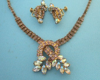 Vintage Brown Topaz and Clear AB Rhinestone Necklace and Screw Back Earrings Set