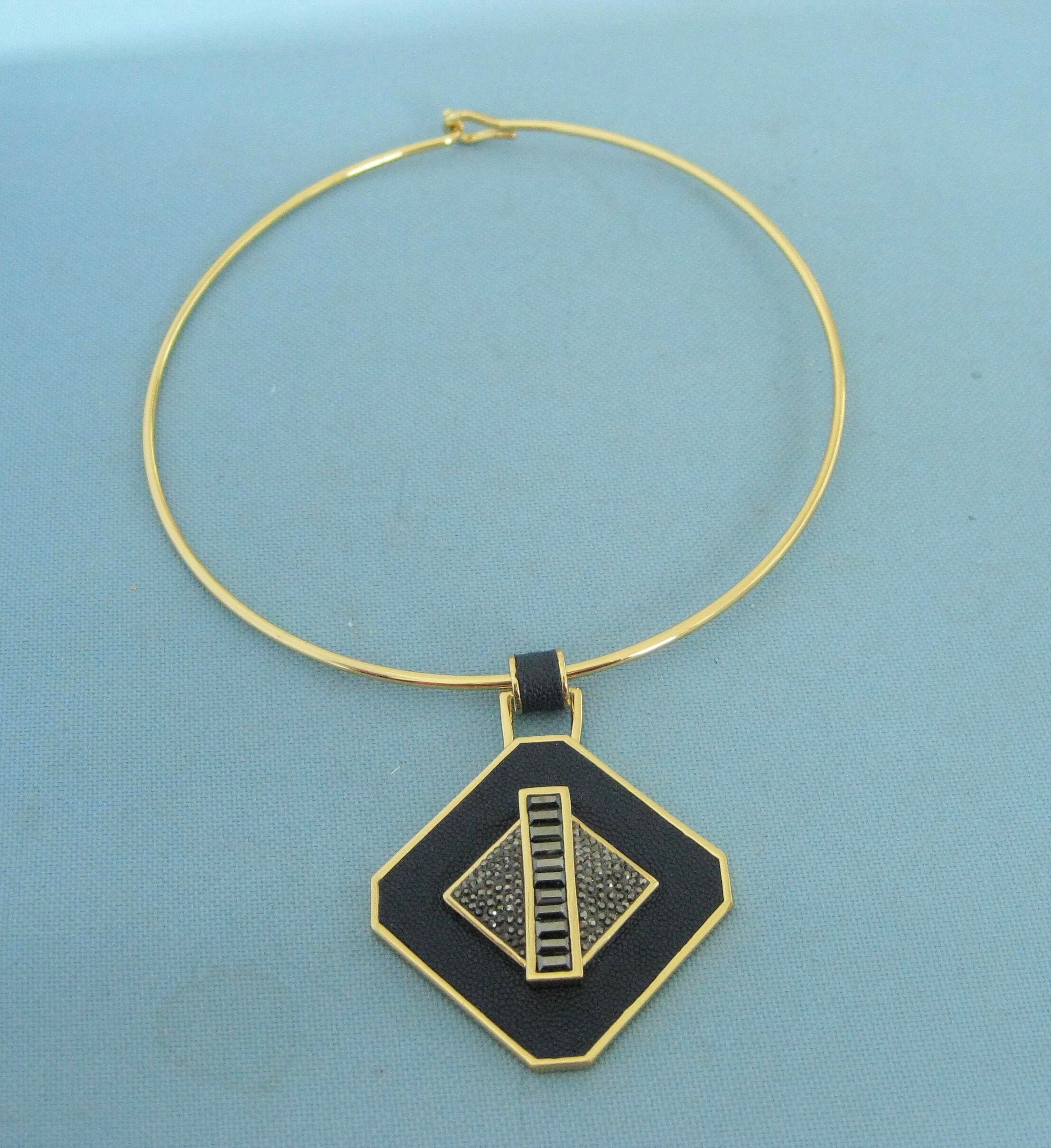 Signed Gold Tone Torque Necklace With Large Black Pebbled Faux Etsy