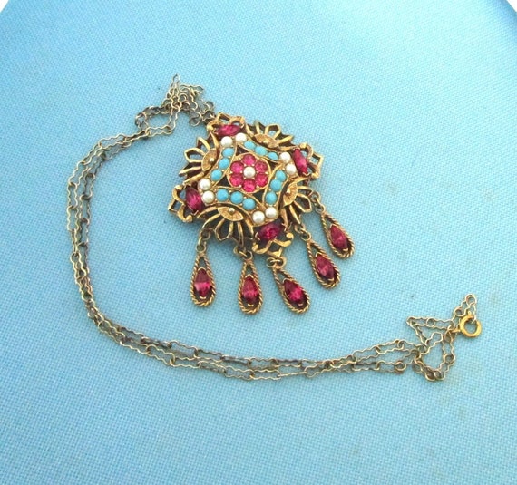 Vintage Victorian Revival Gold Tone Pink, Blue an… - image 1