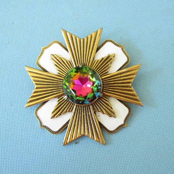 White Enamel, Gold Tone and Watermelon Rhinestone Maltese Cross Brooch/Pendant
