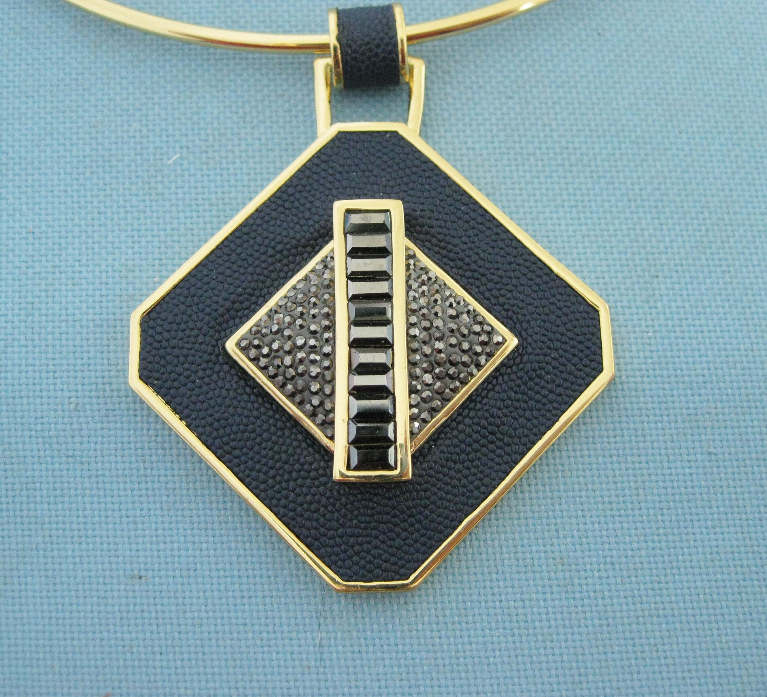Signed Gold Tone Torque Necklace With Large Black Pebbled Faux Etsy