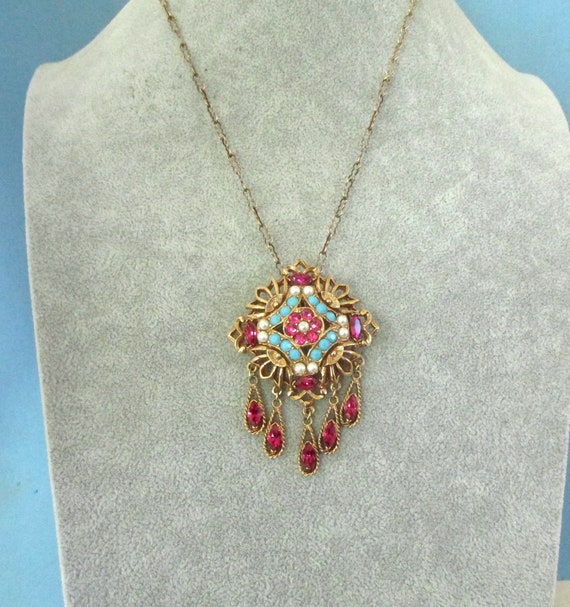 Vintage Victorian Revival Gold Tone Pink, Blue an… - image 4