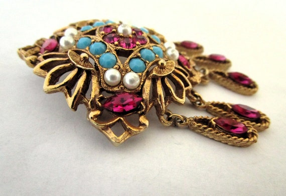 Vintage Victorian Revival Gold Tone Pink, Blue an… - image 3