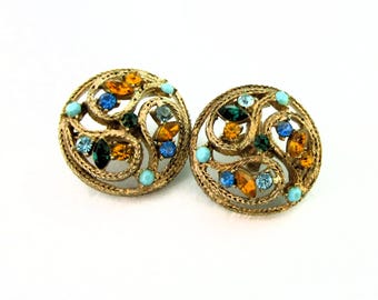 Vintage Bergere Gold Tone Rhinestone Rope Edged Openwork Paisley Crystal Clip On Earrings