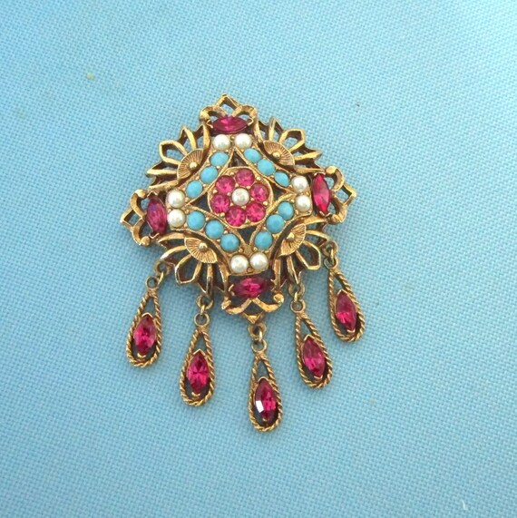 Vintage Victorian Revival Gold Tone Pink, Blue an… - image 5