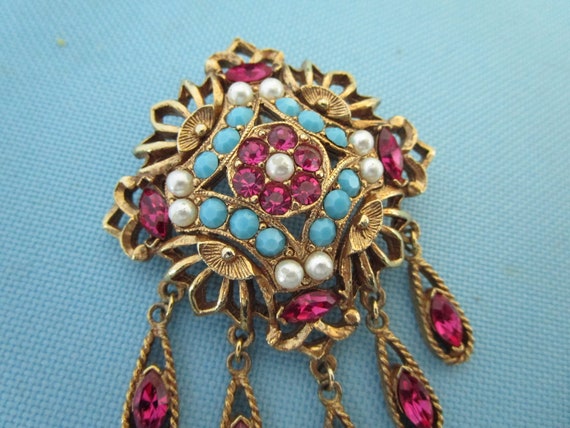 Vintage Victorian Revival Gold Tone Pink, Blue an… - image 6