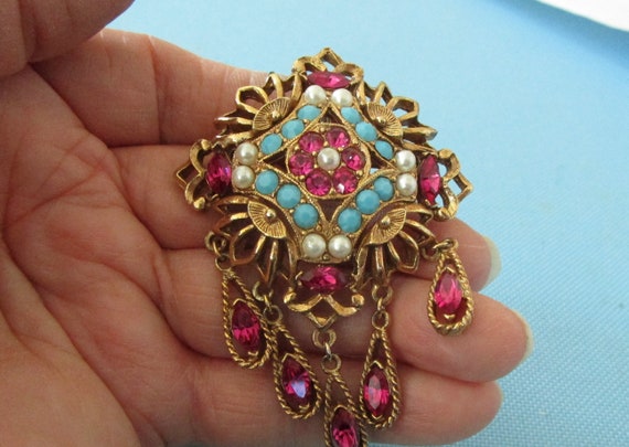 Vintage Victorian Revival Gold Tone Pink, Blue an… - image 2