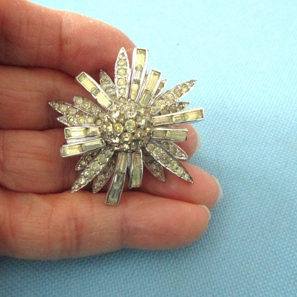 Jomaz Small Layered Clear Crystal and Silver Tone Blossom or Starburst Brooch