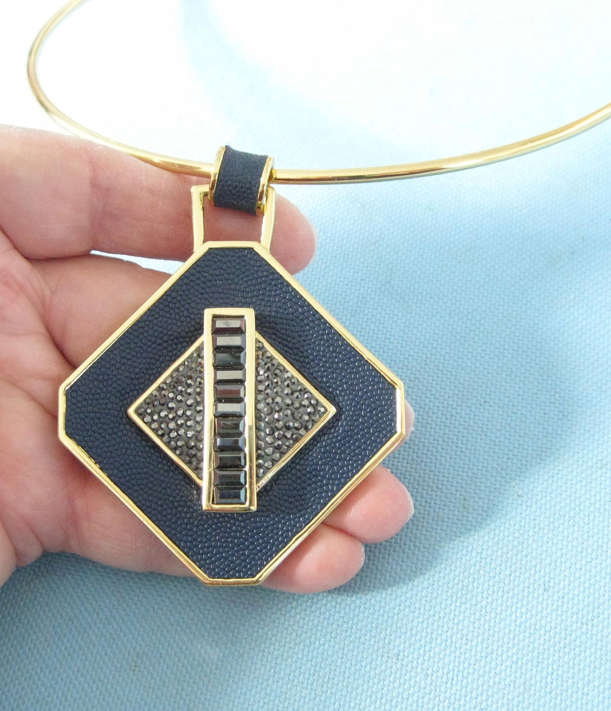 Signed Gold Tone Torque Necklace With Large Black Pebbled Faux Etsy