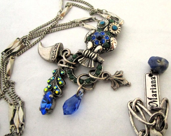 Vintage Mariana Silver Tone and Blue Crystal Owl … - image 2