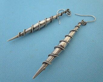 Vintage Long Sterling Skinny Bicone Spiral Wrapped Hook Earrings