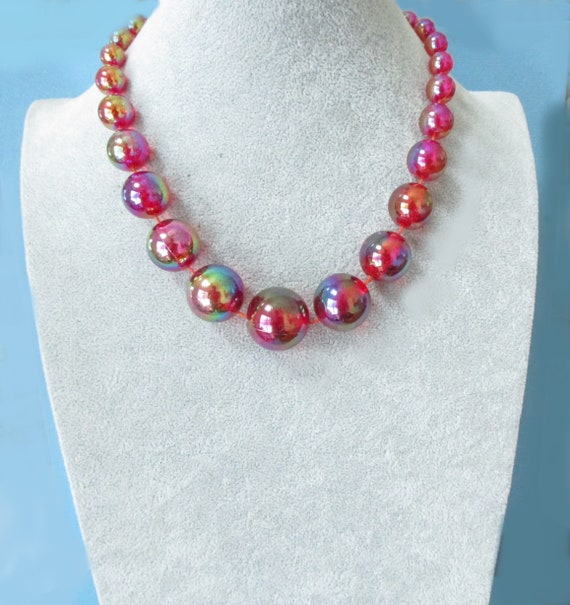 Vintage Red Soap Bubble Plastic Beaded Necklace - image 1