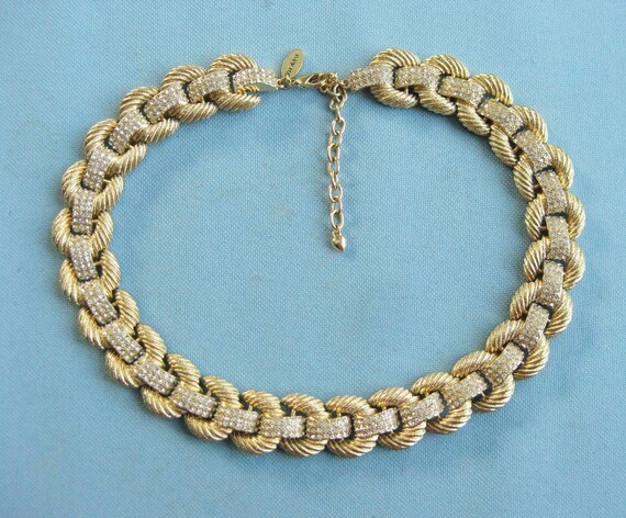 Scaasi Gold Tone and Rhinestone Ribbed Link Collar
