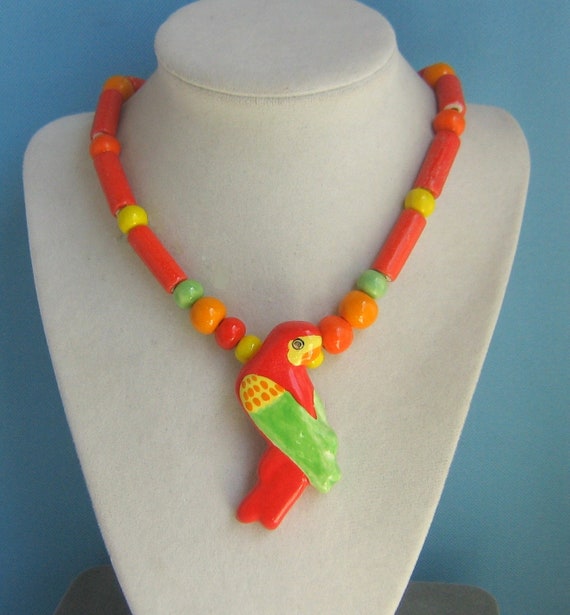 Vintage Parrot Pearls Ceramic Parrot Necklace Circ