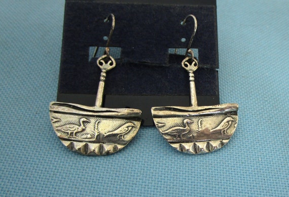 Signed Sterling Egyptian Style Bird Dangle Earrin… - image 2