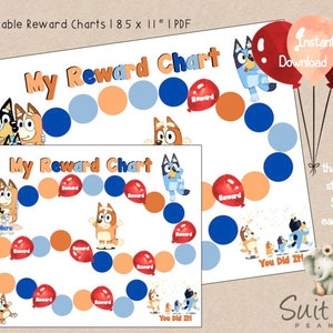 Puede incluir: Dos tablas de recompensas imprimibles con un personaje de perro de dibujos animados. Cada tabla tiene un diseño de tablero de juego con círculos y el texto "My Reward Chart". Las tablas miden 8,5 pulgadas por 11 pulgadas.