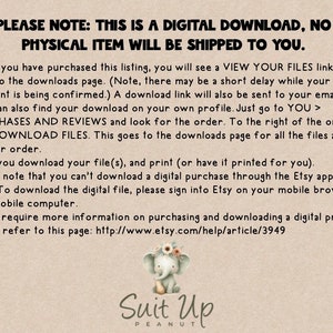 Op de afbeelding: Een melding over een digitale download met instructies over hoe je na aankoop toegang krijgt tot en digitale bestanden kunt downloaden. De melding bevat een link naar de Etsy-helppagina voor meer informatie. De tekst bevat de zin "Suit Up Peanut".
