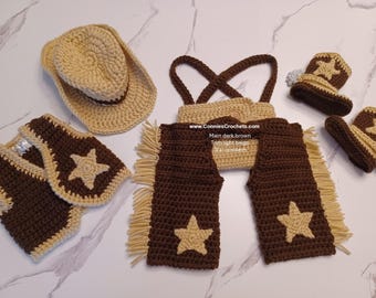 Crochet Baby Cowboy Outfit: 5-Piece Set, Photo Prop