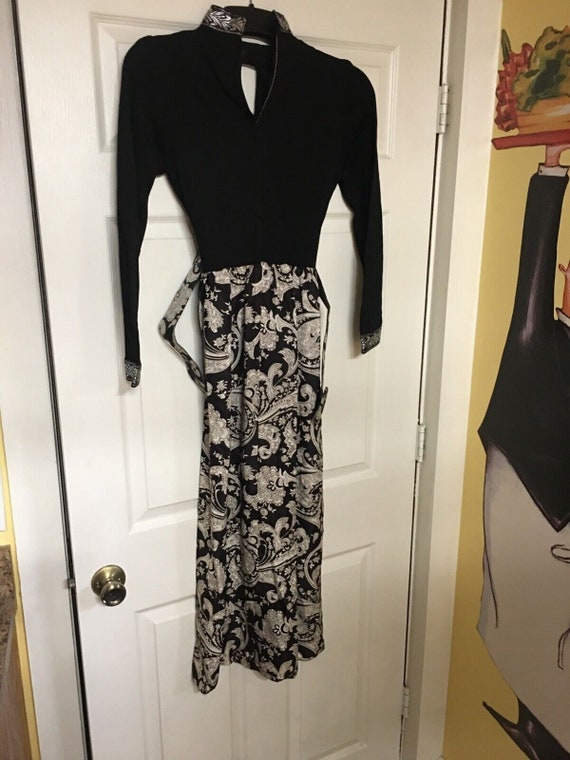 70's Maxi Dress Black Beige Silver Paisley Mock Ne