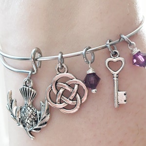 Outlander Scottish Thistle Scotland Celtic Gaelic Eternity Amethyst Purple Crystal Knot Cross Key Silver Bangle Charm Bracelet