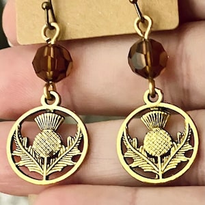 Outlander Scotland Thistle Gaelic Celtic Swarovski Crystal Topaz Amber Alba Scotland Claire Jamie Fraser Antique Brass Scottish Earrings