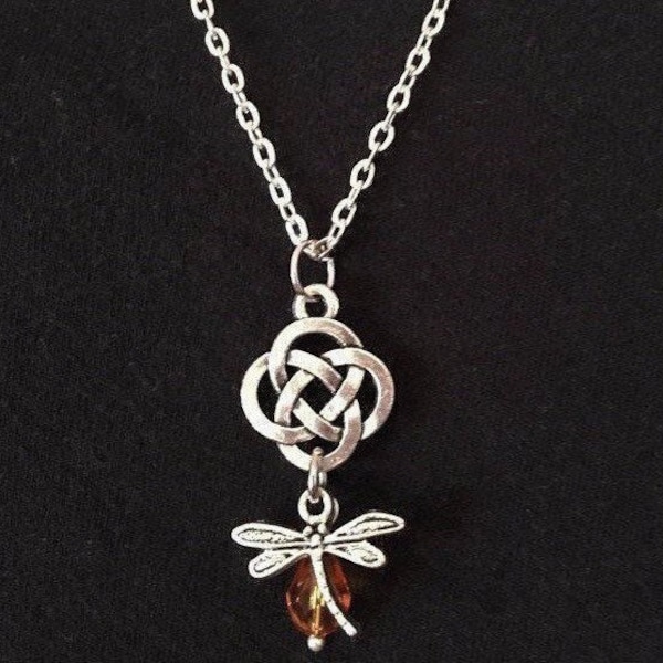 Outlander Jewelry Celtic Knot Cross Crystal Pendant Dragonfly in Amber Jamie Fraser Claire Fraser Scotland Scottish Irish Gaelic Necklace