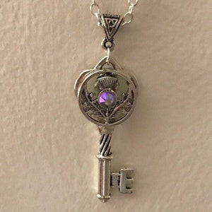 Outlander Scottish Thistle Scotland Celtic Key Knot Silver Purple Chain Necklace