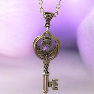Outlander Scottish Thistle Scotland Celtic Key Knot Silver Purple Chain Necklace